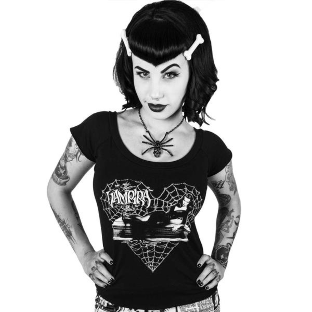 Kreepsville 666 Vampira Glitter Spiderweb Body Contour Scoop Neck Tshirt Top - Picture 4 of 4